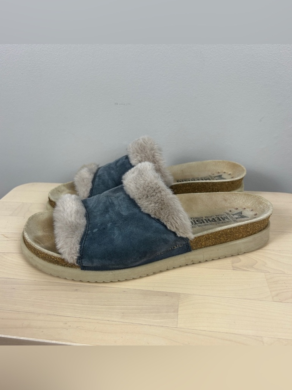 MEPHISTO Hemeline‎ Fur Lined Slide Sandals Suede 11/41 Jeans Blue Comfort Summer